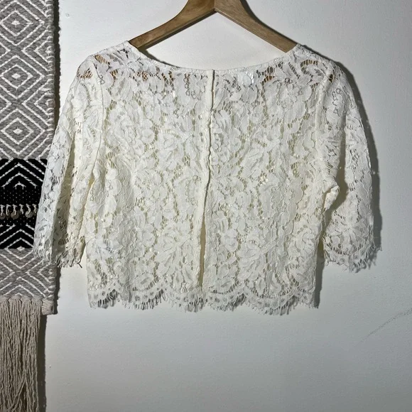 Jenny yoo cream lace cropped bottom back sheer top - Picture 2 of 7